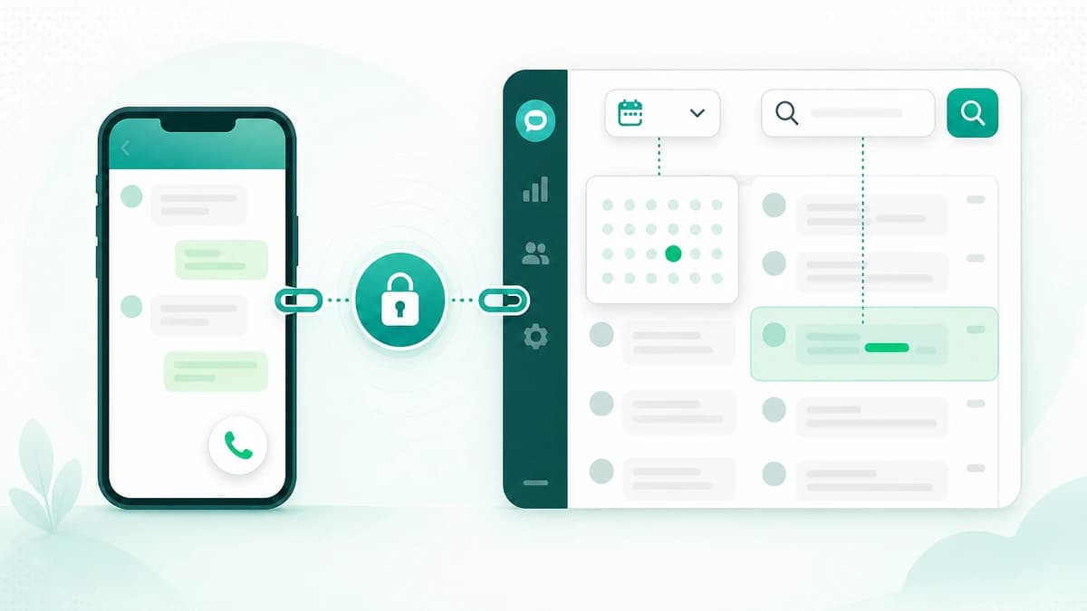 WhatsApp account connecting securely to a Linkrium conversation with date and keyword search controls