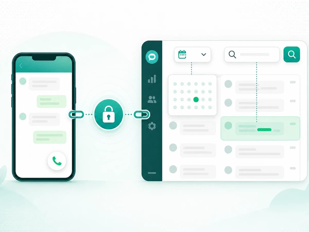 WhatsApp account connecting securely to a Linkrium conversation with date and keyword search controls