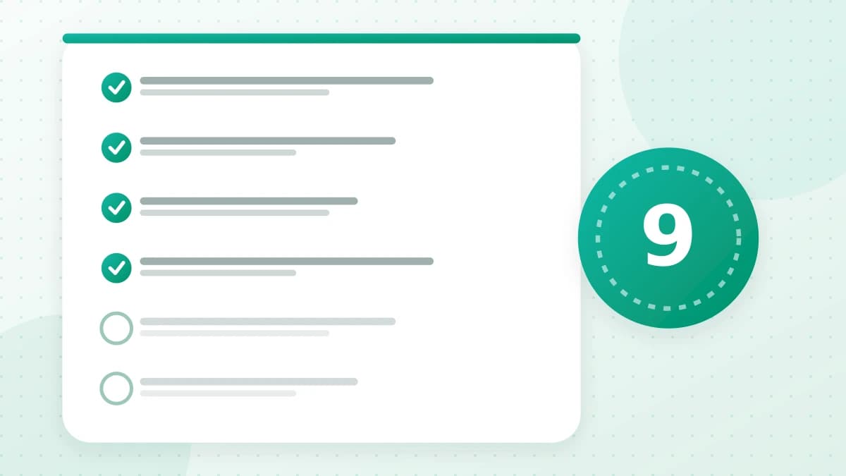 An evaluation checklist card with ticked and unticked criteria beside a numbered nine-point badge