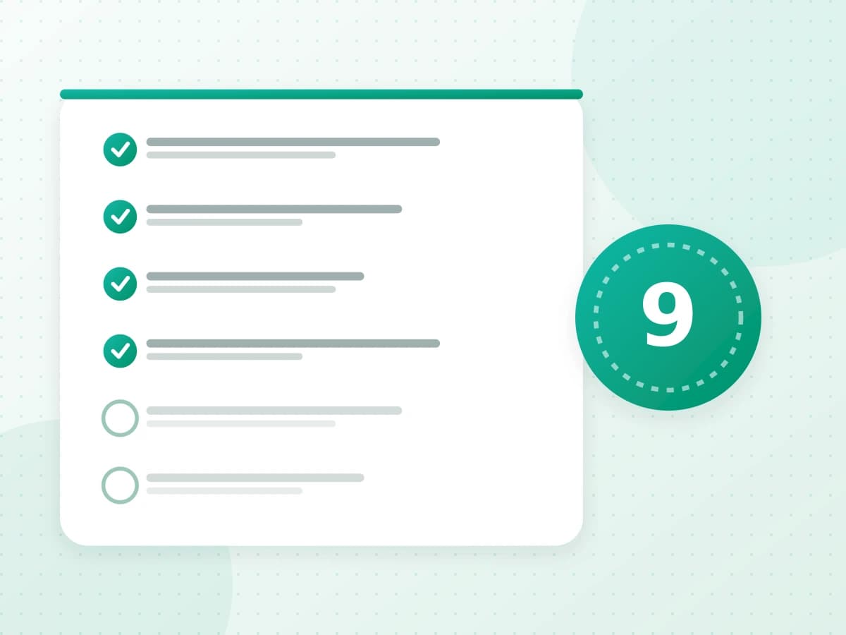 An evaluation checklist card with ticked and unticked criteria beside a numbered nine-point badge