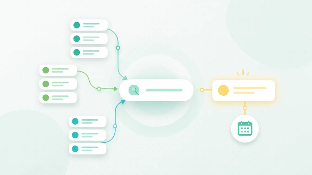 Several abstract message streams converging into one search that recovers a highlighted message and dated action
