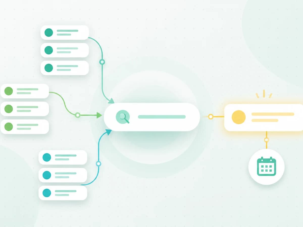 Several abstract message streams converging into one search that recovers a highlighted message and dated action