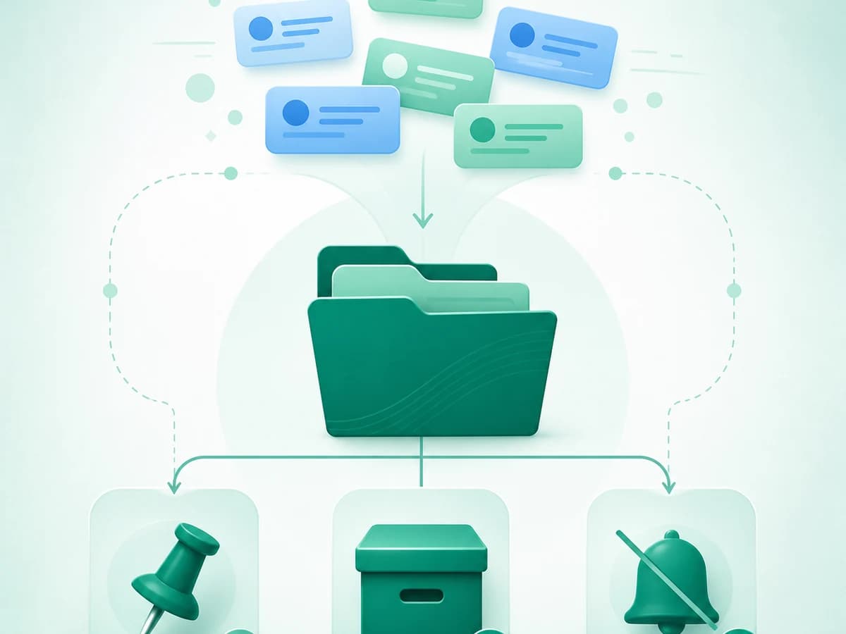Abstract Telegram conversations organized into folders with pin, archive, and mute controls