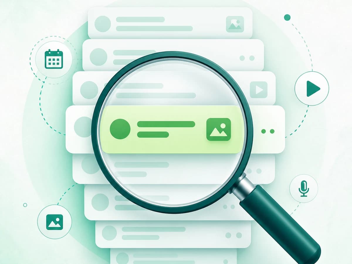 Abstract message history with a magnifying glass highlighting one WhatsApp conversation