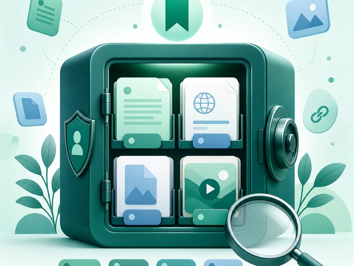 Abstract secure shelf organizing Telegram Saved Messages into notes, links, files, media, and tags