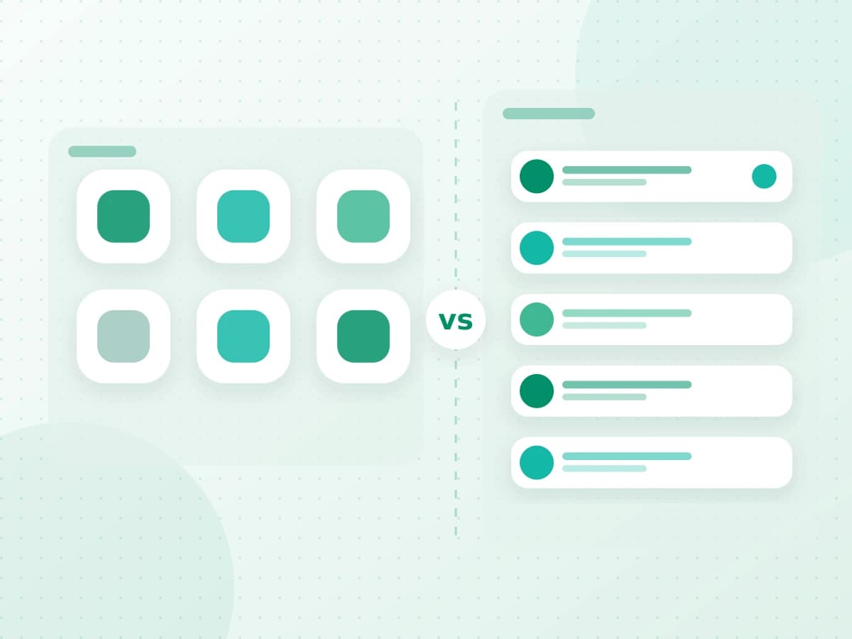 A grid of separate app tiles on one side and a single merged conversation list on the other, split by a divider