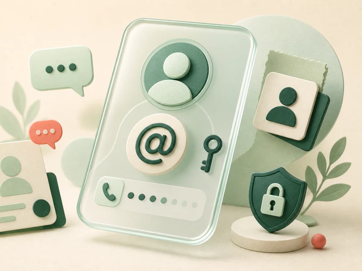 Editorial illustration of a private username card replacing a visible phone number with an at sign, key, and shield
