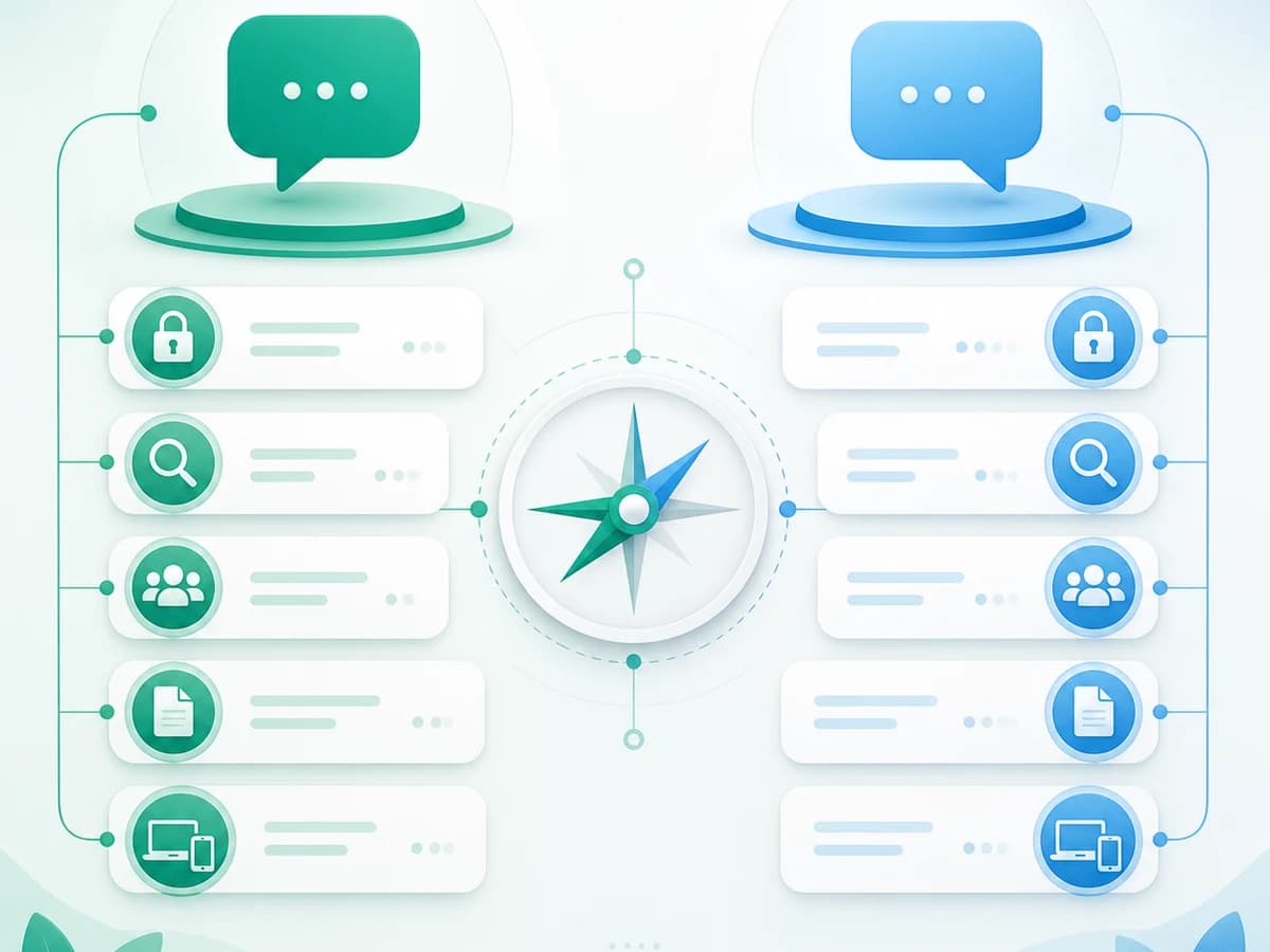 Balanced abstract comparison of green and blue messaging systems across privacy, search, groups, files, and devices