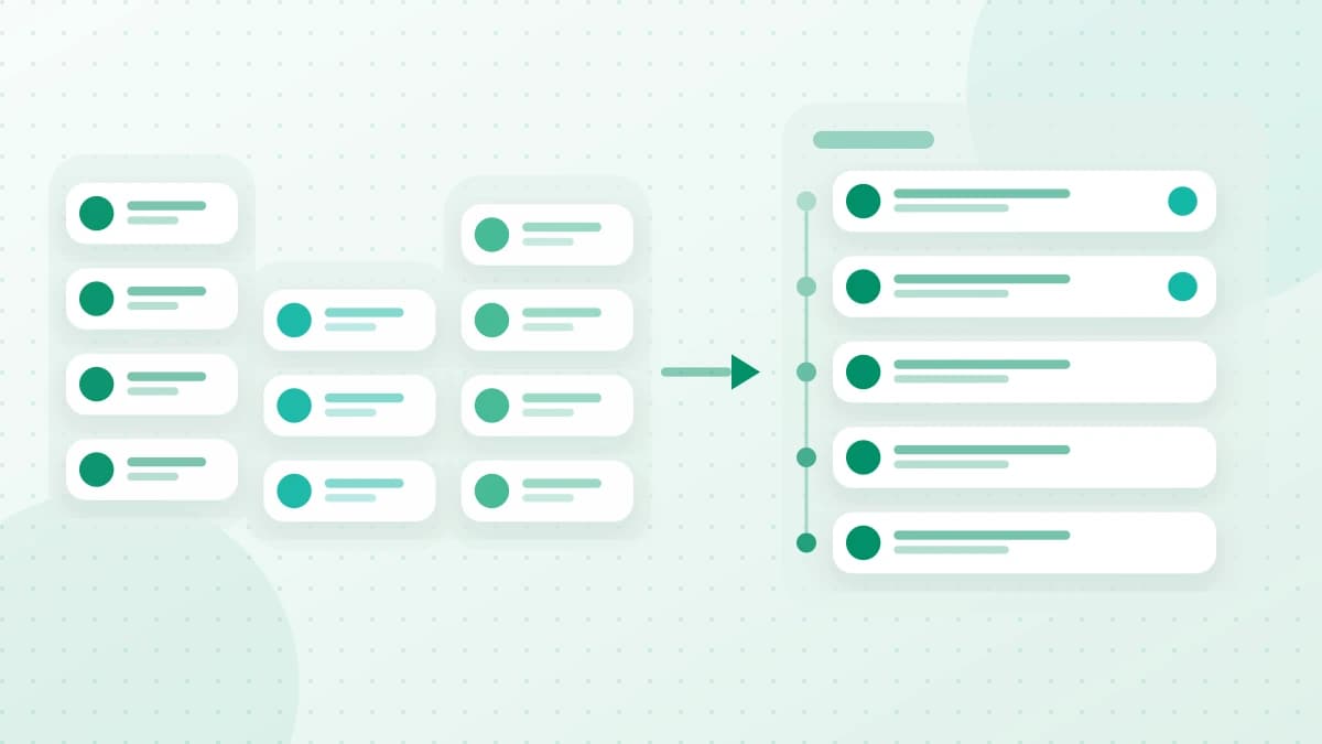 Scattered per-app message stacks converging into one ordered, numbered list of conversations