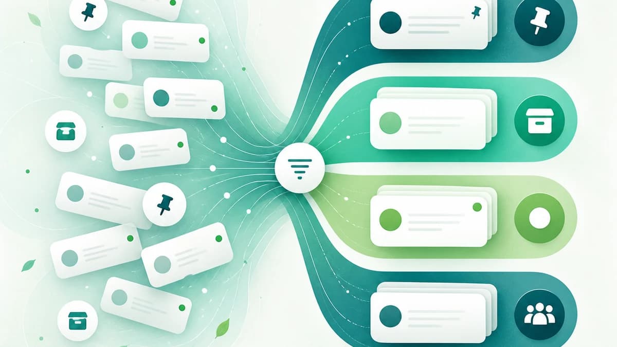 Abstract WhatsApp conversations flowing into organized pinned, archived, unread, and group categories