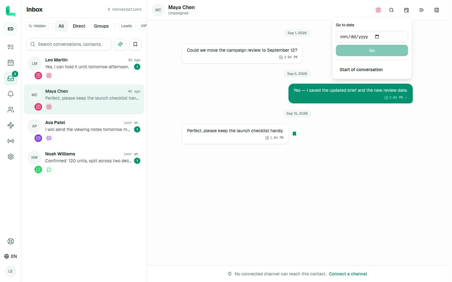 Linkrium inbox showing an Instagram conversation with the Go to date calendar control open