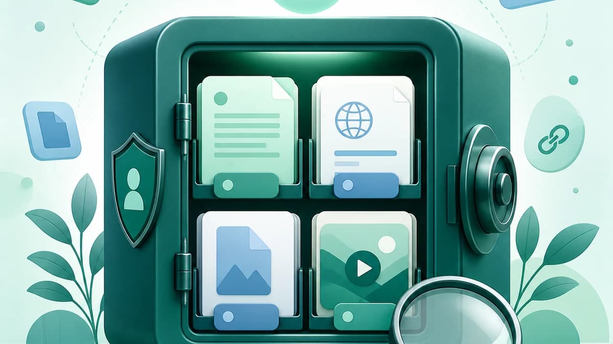 Abstract secure shelf organizing Telegram Saved Messages into notes, links, files, media, and tags