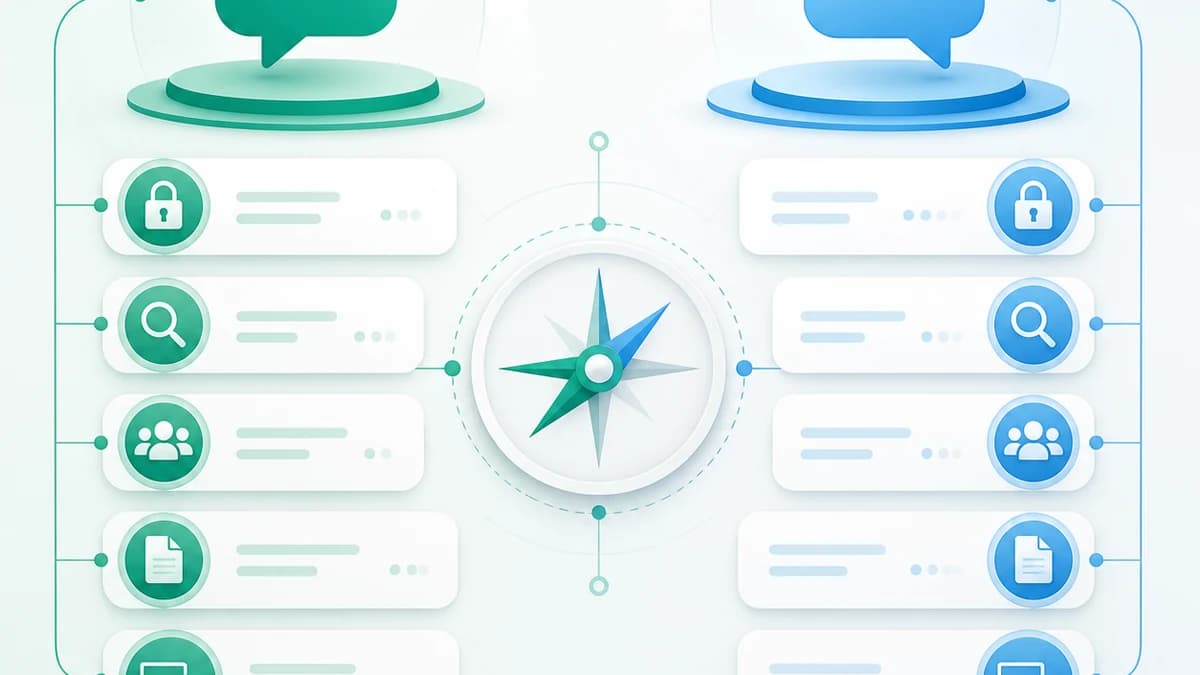 Balanced abstract comparison of green and blue messaging systems across privacy, search, groups, files, and devices